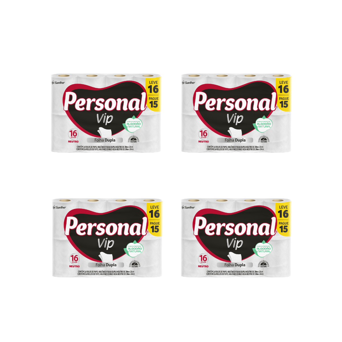 Papel Higiênico Folha Dupla Compacto Leve 16 Pague 15 4x16 Personal Vip